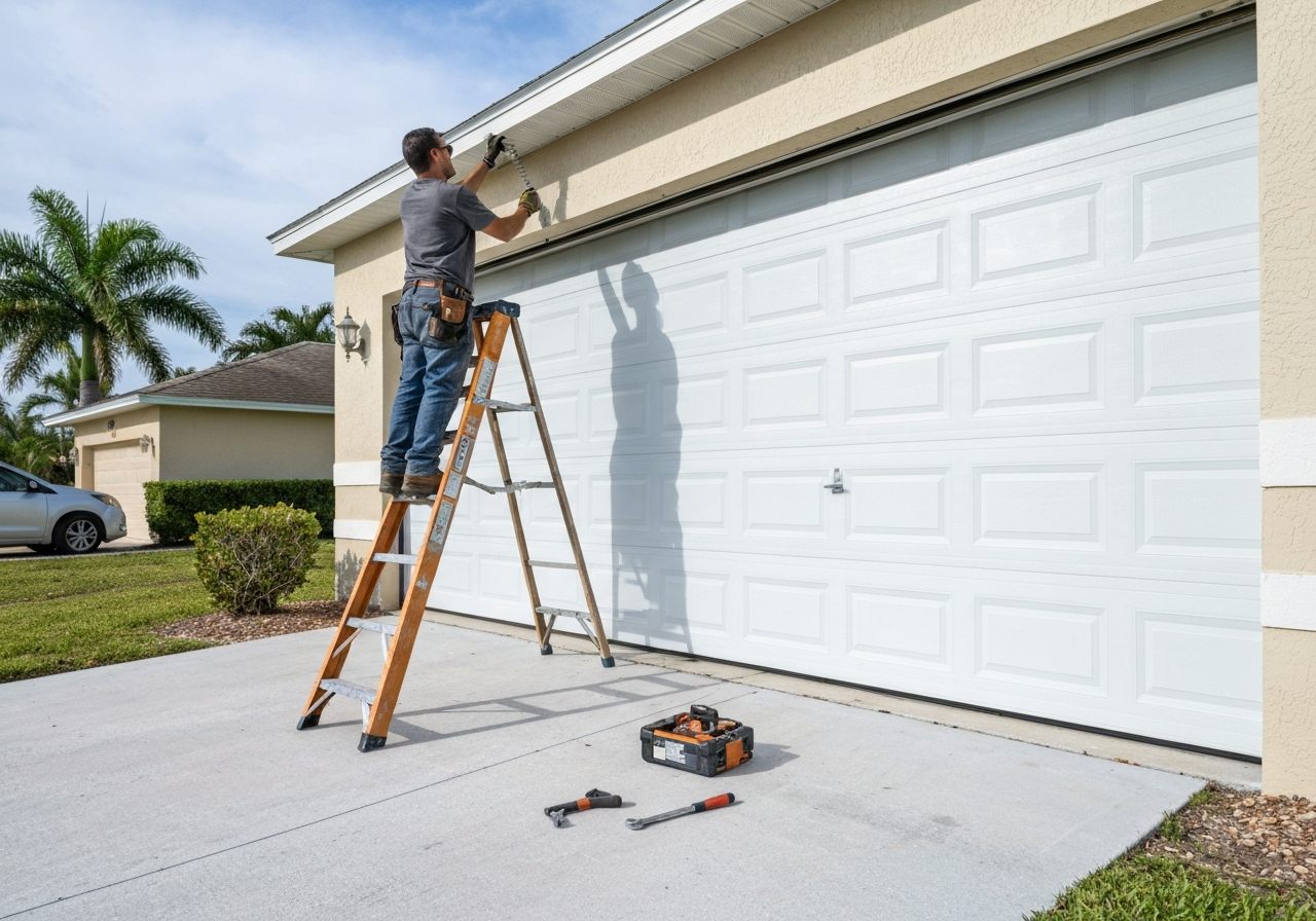 Garage door repair service by a professional technician on a ladder