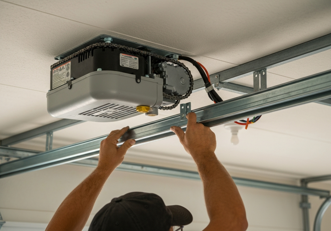 Technician installing garage door opener system on ceiling